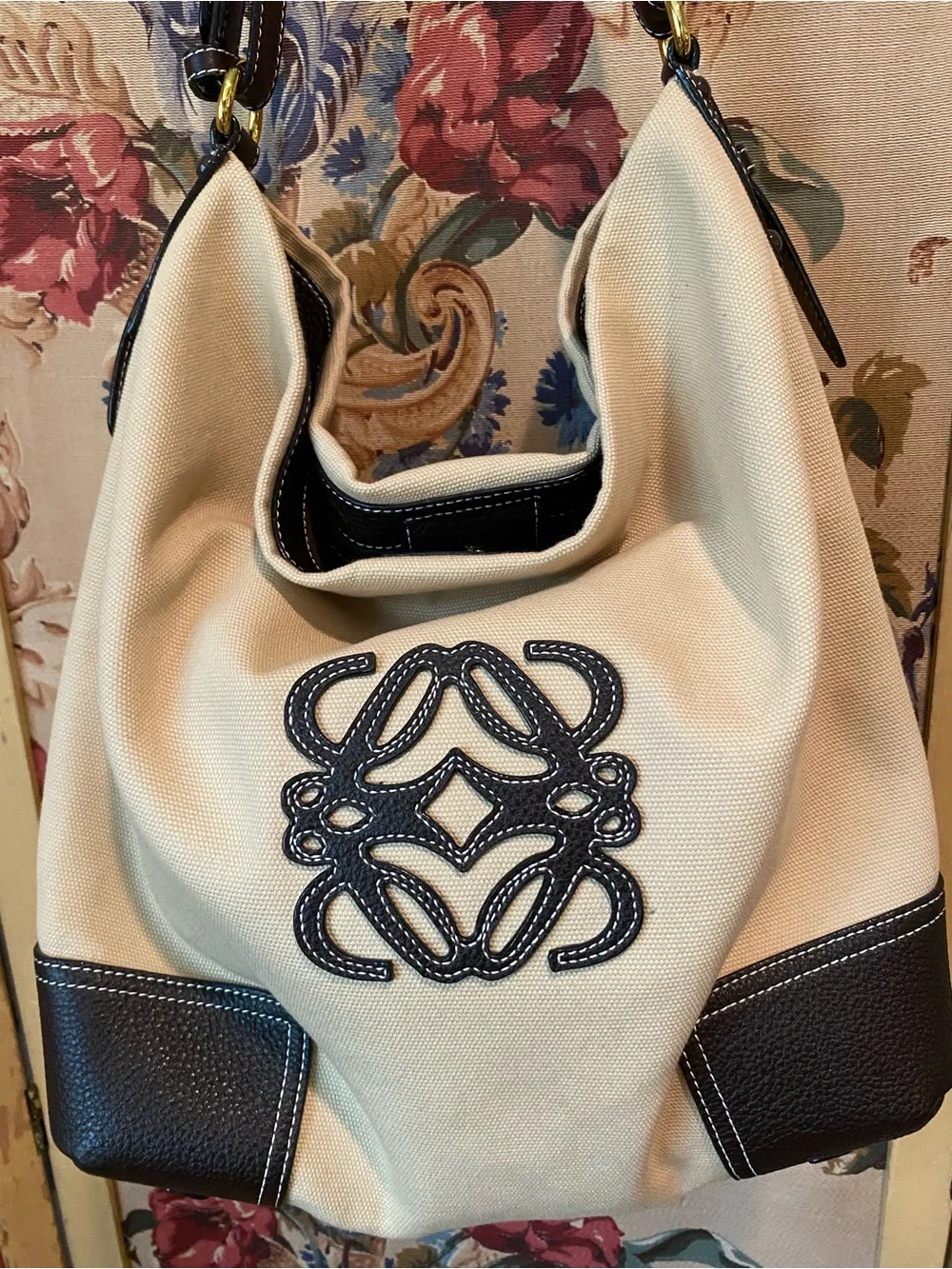 Loewe Cream Canvas Hobo with Black Leather Trim and Anagram